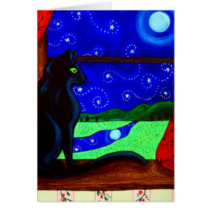 Magical natt för svart katt hälsningskort