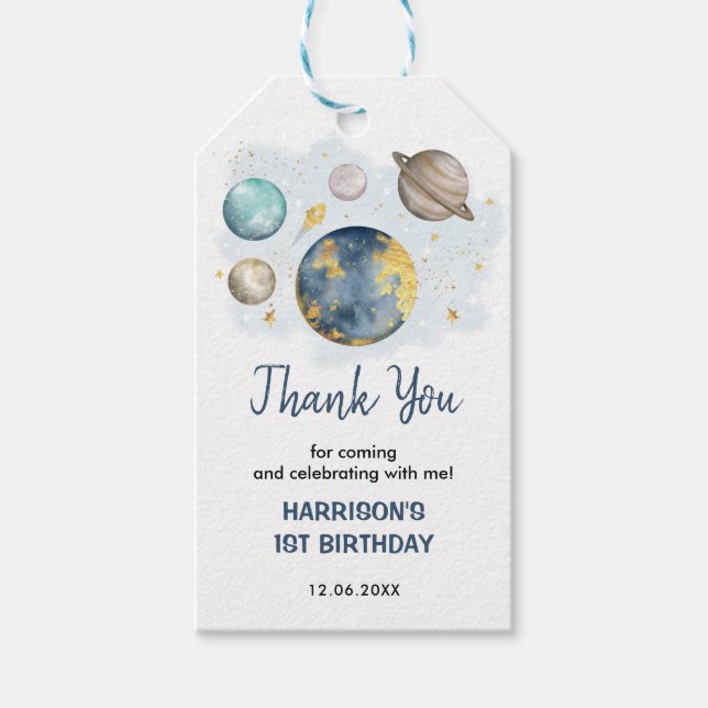 Magical Outer Space Navy Gold Boy Birthday Favors Presentetikett (Framsidan)
