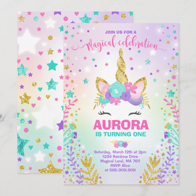 Magical party för Unicorn för Inbjudningar (Fram/baksida)