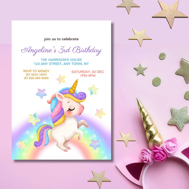 Magical Pastel Rainbow Stars Unicorn Birthday  Inbjudningar (Skapare uppladdad)