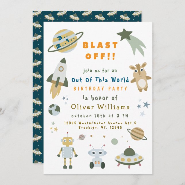 Magical Personalized Space Birthday Party Invite Inbjudningar (Fram/baksida)