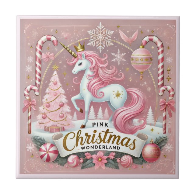 Magical Pink Christmas Wonderland Unicorn Kakelplatta (Framsidan)