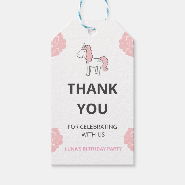 Magical Pink Unicorn Birthday Party Thank you Presentetikett (Framsidan)