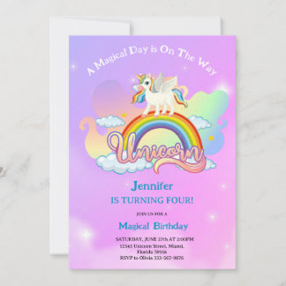 Magical Rainbow and Unicorn Birthday pink purple Inbjudningar