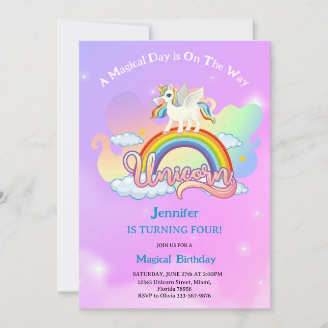 Magical Rainbow and Unicorn Birthday pink purple Inbjudningar (Framsida)