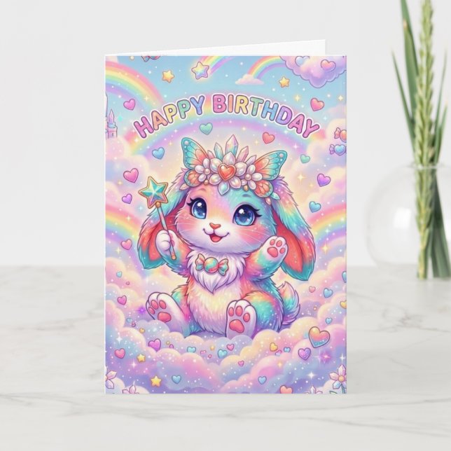 Magical Rainbow Bunny Birthday Whimsical Childrens Kort (Framsida)