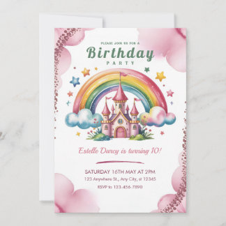 Magical Rainbow Castle 10th Birthday Invitation Inbjudningar