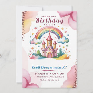 Magical Rainbow Castle 10th Birthday Invitation Inbjudningar