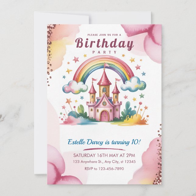 Magical Rainbow Castle 10th Birthday Invitation Inbjudningar (Framsida)