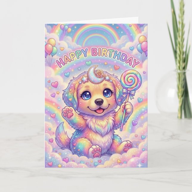 Magical Rainbow Puppy Children's Birthday Fantasy  Kort (Framsida)