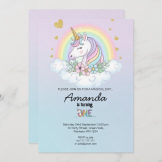 Magical Rainbow Unicorn 1st Birthday Invitation Inbjudningar