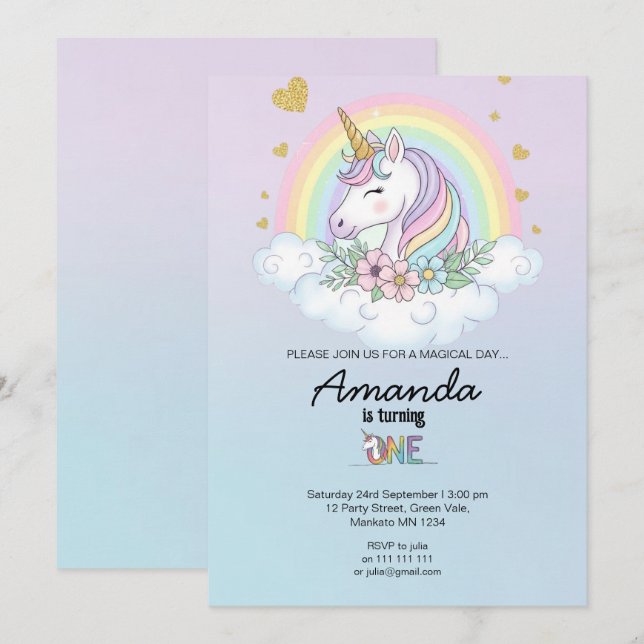 Magical Rainbow Unicorn 1st Birthday Invitation Inbjudningar (Fram/baksida)