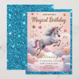 Magical Rainbow Unicorn 4th Birthday Inbjudningar