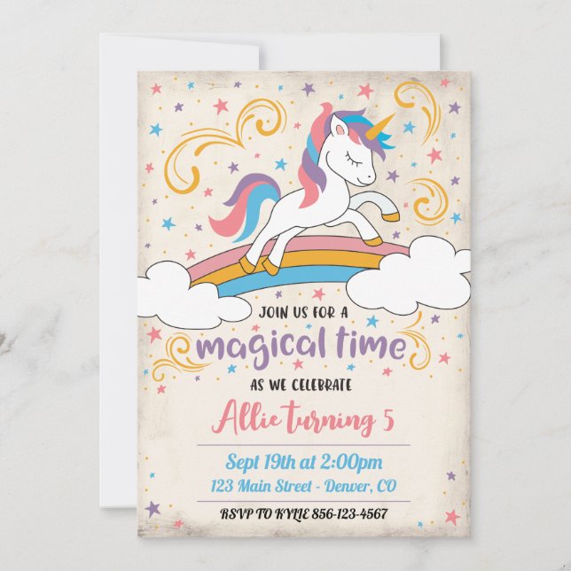 Magical Rainbow Unicorn Birthday Invitation Inbjudningar (Framsida)