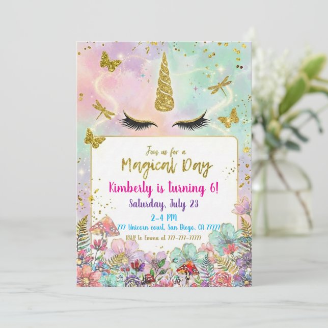 Magical Rainbow Unicorn Birthday Invitations Inbjudningar (Stående Fram)