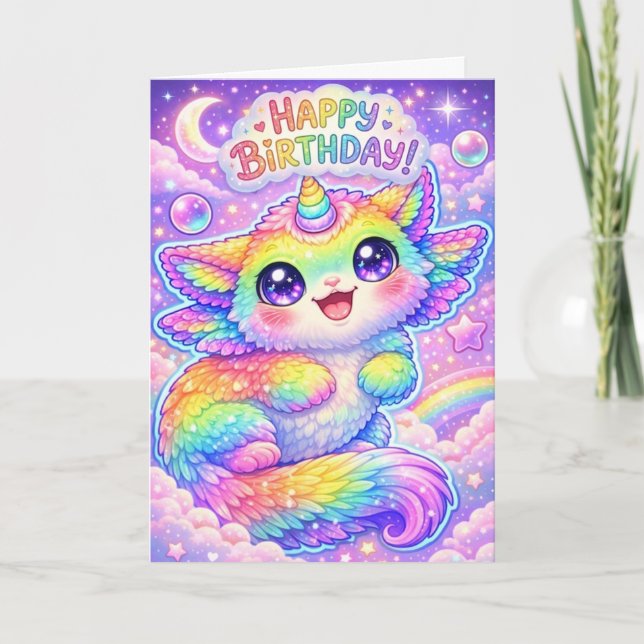 Magical Rainbow Unicorn Cat Happy Birthday Kitty Kort (Framsida)