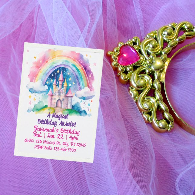 Magical Rainbow Watercolor Fantasy Castle Birthday Inbjudningar (Skapare uppladdad)