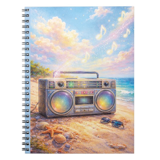 Magical Retro Boombox Playing Music On Beach Anteckningsbok (Framsidan)
