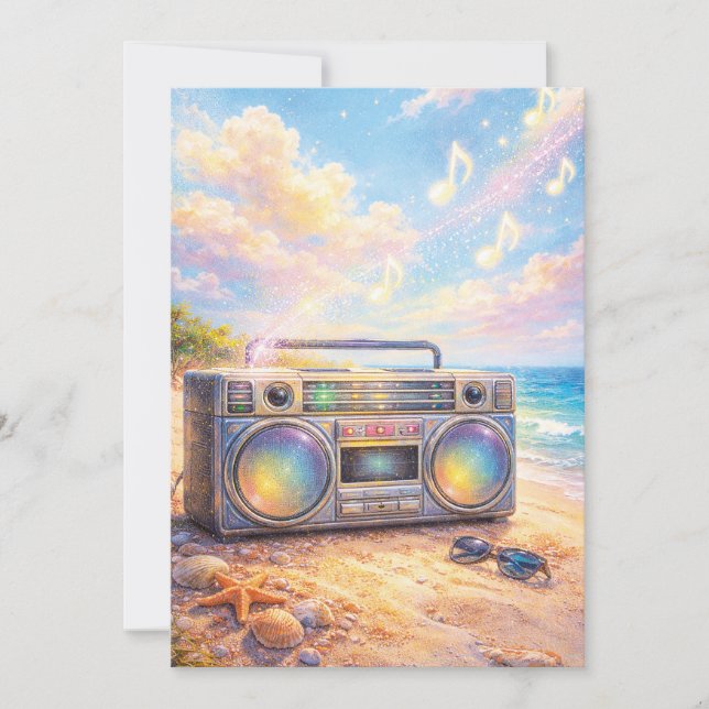 Magical Retro Boombox Playing Music On Beach Inbjudningar (Framsida)