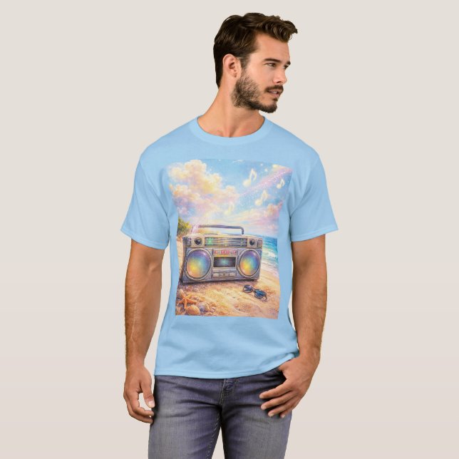 Magical Retro Boombox Playing Music On Beach T Shirt (Hel framsida)