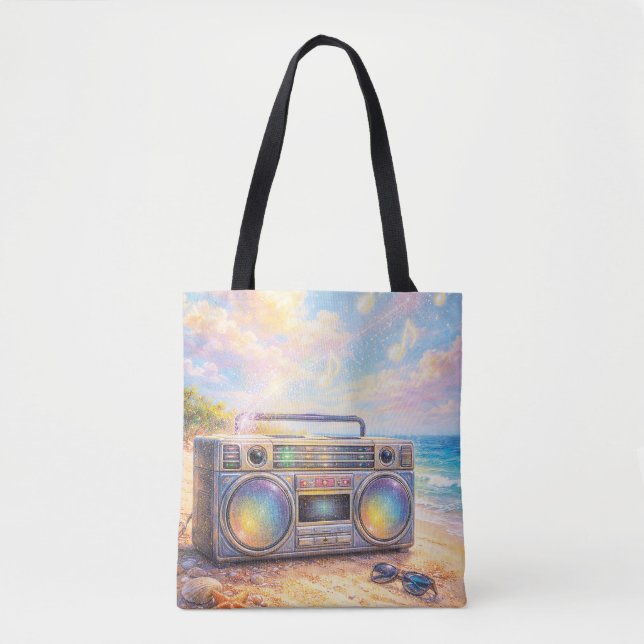 Magical Retro Boombox Playing Music On Beach Tygkasse (Framsida)