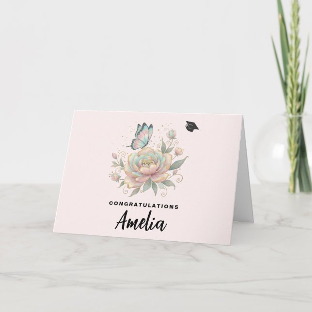 Magical Rose and Butterfly Pastel Graduation Card Kort (Framsida)