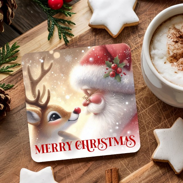 Magical Santa and Rudolph Christmas Drink Coasters Underlägg Papper Kvadrat (Magical Santa and Rudolph Christmas Drink Coasters)