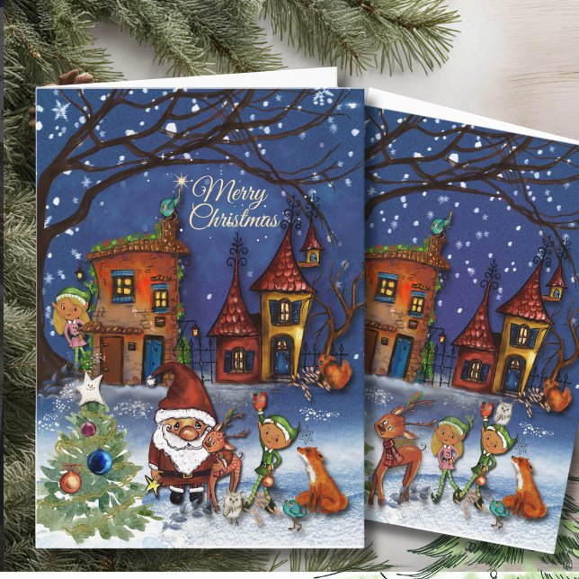 Magical Santa Christmas Village I Forest Friends Helgkort (Magical Santa Christmas Village I Forest Friends Holiday Card)