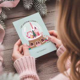 Magical Snow Globe Santa's Elves Pink Workshop Julkort