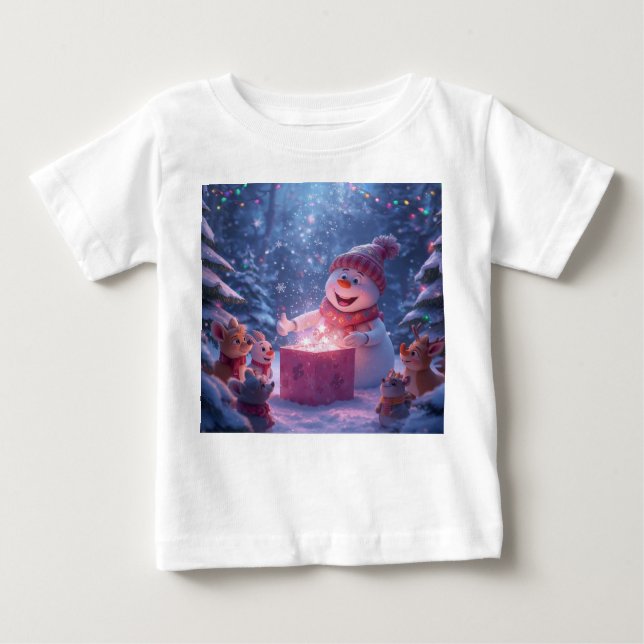 Magical Snowman Christmas Gift Scene T Shirt (Framsida)
