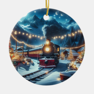 Magical Snowy Christmas Train Winter Scene Julgransprydnad Keramik
