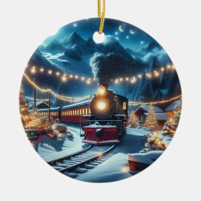Magical Snowy Christmas Train Winter Scene Julgransprydnad Keramik (Framsidan)