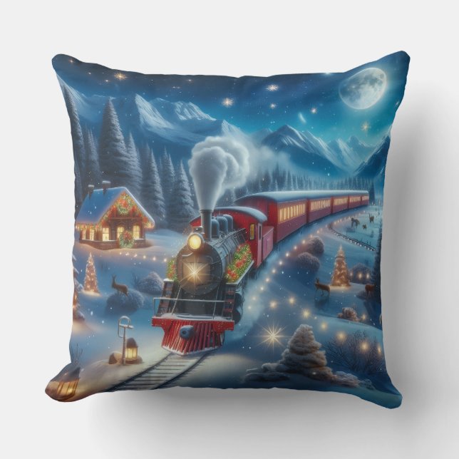 Magical Snowy Christmas Train Winter Scene Kudde (Framsida)