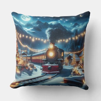 Magical Snowy Christmas Train Winter Scene Kudde