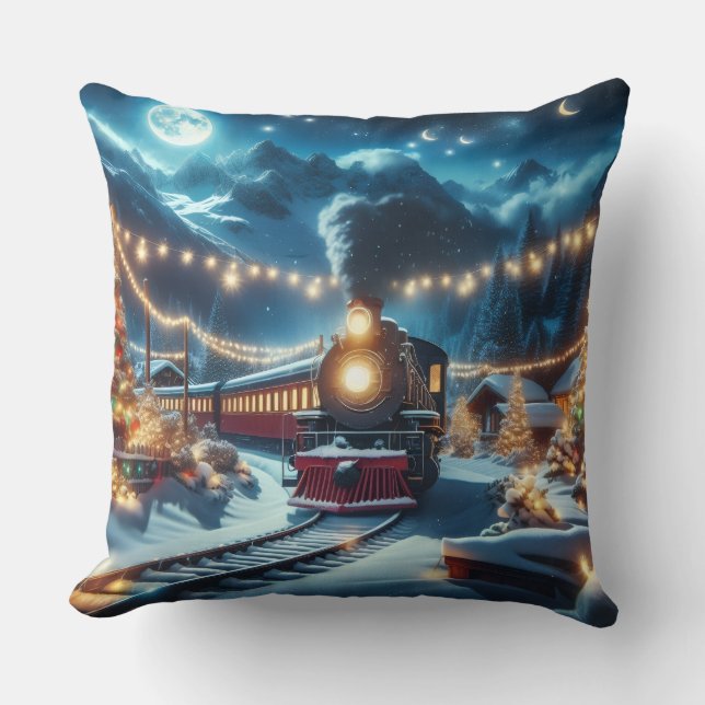 Magical Snowy Christmas Train Winter Scene Kudde (Framsida)