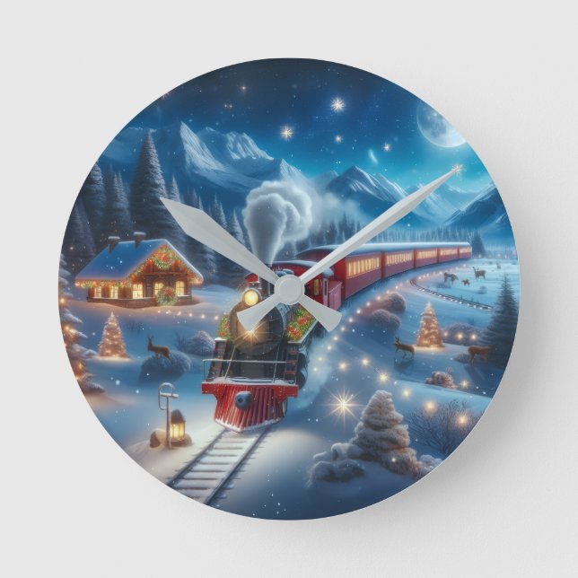 Magical Snowy Christmas Train Winter Scene Rund Klocka (Framsida)
