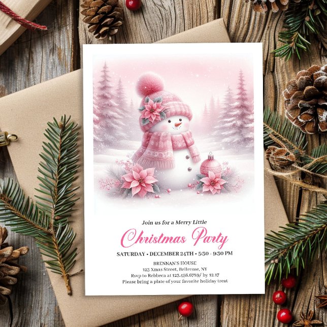 Magical Snowy Pink Coquette Snowman Editable Kids  Inbjudningar (Magical Snowy Pink Coquette Snowman Editable Kids Invite)