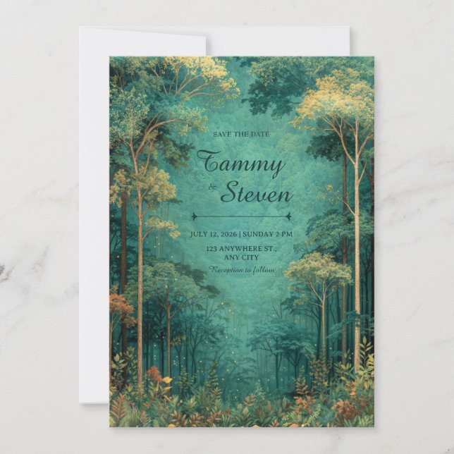 Magical Teal Forest Firefly Wedding Inbjudningar (Framsida)