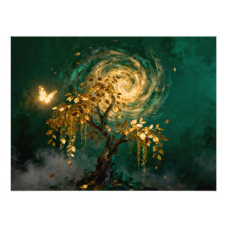 Magical Tree with Butterfly and Swirling Galaxy Fototryck
