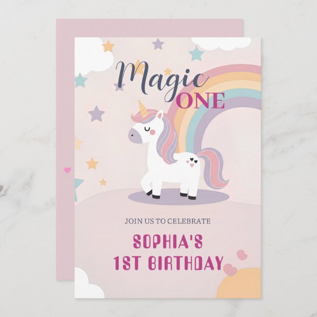 Magical Unicorn 1st Birthday Inbjudningar (Fram/baksida)