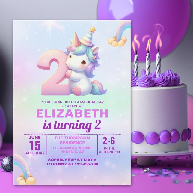 Magical Unicorn 2nd Birthday Invitation for Girls Inbjudningar (Skapare uppladdad)