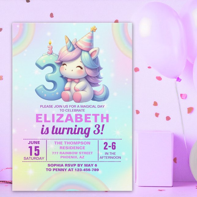 Magical Unicorn 3rd Birthday Invitation – Rainbow  Inbjudningar (Skapare uppladdad)