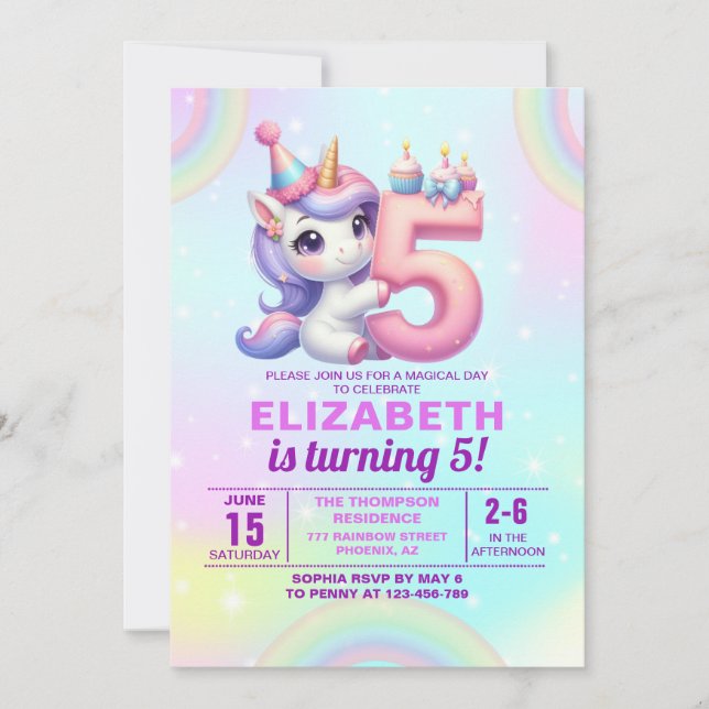 Magical Unicorn 5th Birthday – Rainbow theme Inbjudningar (Framsida)