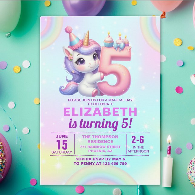 Magical Unicorn 5th Birthday – Rainbow theme Inbjudningar (Skapare uppladdad)