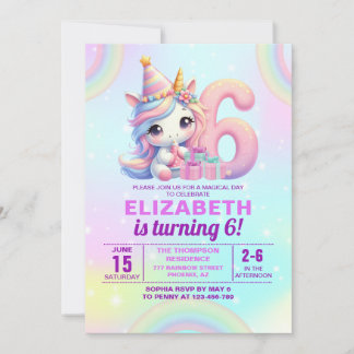 Magical Unicorn 6th Birthday – Rainbow Inbjudningar