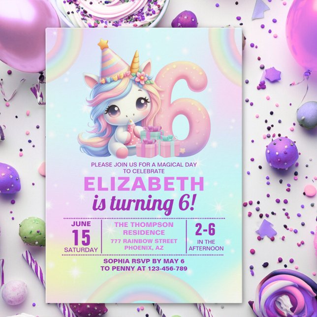 Magical Unicorn 6th Birthday – Rainbow Inbjudningar (Skapare uppladdad)