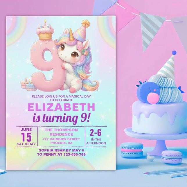 Magical Unicorn 9th Birthday for Girls Inbjudningar (Skapare uppladdad)