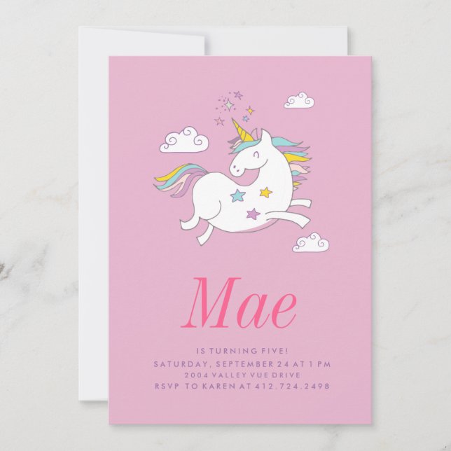 MAGICAL UNICORN BARNS FÖDELSEDAG INVITATION inbjud Inbjudningar (Framsida)