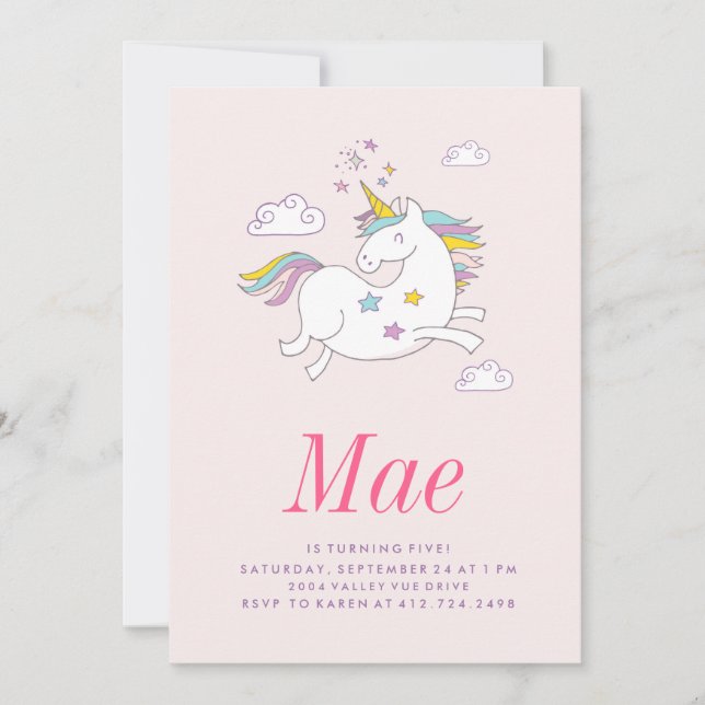 MAGICAL UNICORN BARNS FÖDELSEDAG INVITATION inbjud Inbjudningar (Framsida)