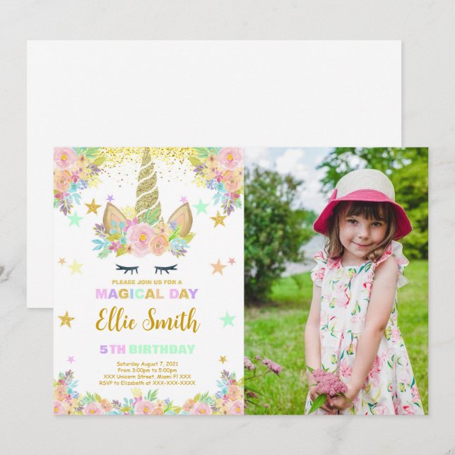MAGICAL Unicorn Birthday Photo-inbjudan Inbjudningar (Fram/baksida)